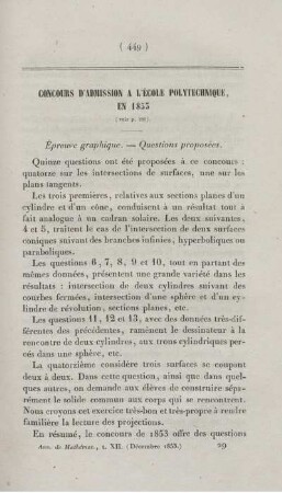 Concours d´admission a l´école polytechnique en 1853.