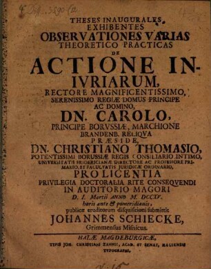 Theses Inaugurales Exhibentes Observationes Varias Theoretico Practicas De Actione Inivriarum