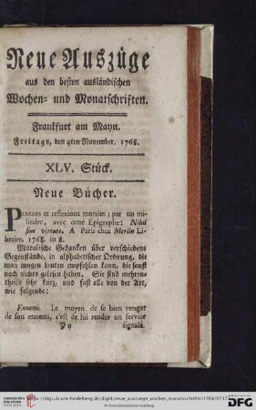 (XLV. Stück. Freitags, den 4ten November - XLVIII. Stück. Freitags, den 25ten November)