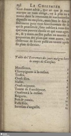 Table de l'Entrmets des jours maigres hors le temps de Caresme