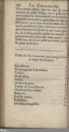 Table de l'Entrmets des jours maigres hors le temps de Caresme