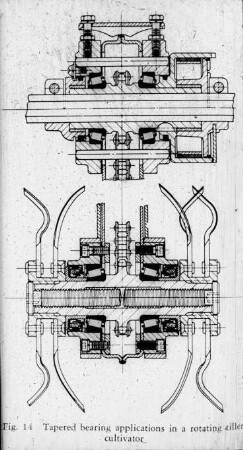 Tapered bearing applications in a rotating tiller cultivator