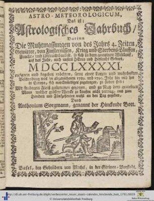 Astro-Meteorologicum, Das ist: Astrologisches Jahrbuch.