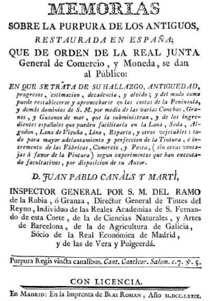 Memorias sobre la púrpura de los Antiguos, restaurada en España...