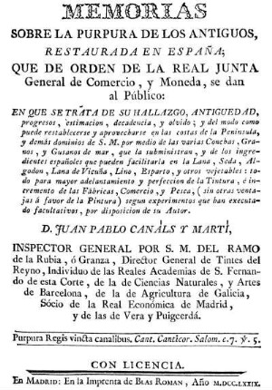 Memorias sobre la púrpura de los Antiguos, restaurada en España...