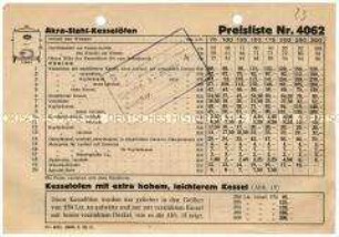 Preisliste über Dampfkessel
