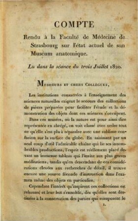 Compte rendu à la Faculté de Médecine de Strasbourg sur l'état actuel de son Muséum Anatomique : suivi du Catalogue des objets qu'il renferme