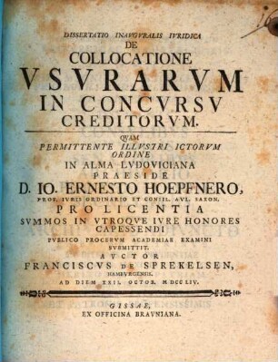 Dissertatio Inavgvralis Ivridica De Collocatione Vsvrarvm In Concvrsv Creditorvm