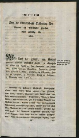 Das die Lanndtschafft Ertzhertzog Ferdinanden als Gubernator gehorsam unnd gewertig sein söllen