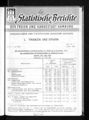 Die kassenmäßigen Steuereinnahmen in Hamburg im Dezember 1961 : Lfd. Nr. 1