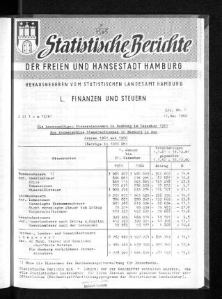 Die kassenmäßigen Steuereinnahmen in Hamburg im Dezember 1961 : Lfd. Nr. 1