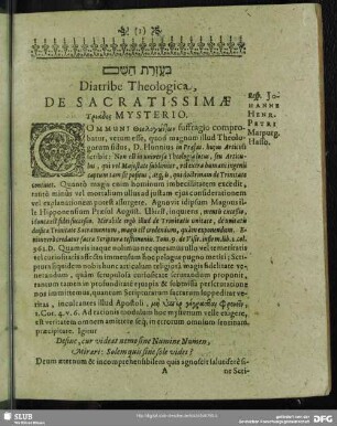 Diatribe Theologica, De Sacratissimae Triados Mysterio