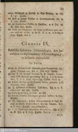 Classis IX. Subsidia historica (Genealogia, Ars heraldica et diplomatica, Chronologia) et historia aniversalis
