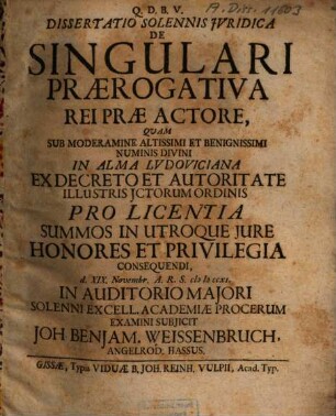 Dissertatio Solennis Iuridica De Singulari Praerogativa Rei Prae Actore