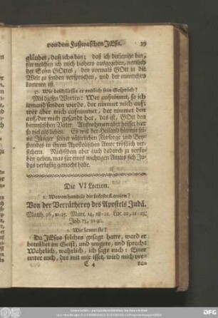 Die VI Lection. Vn der Verrätherey des Apostels Judä.
