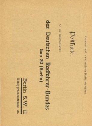 Postkarte. An die Geschäftsstelle des Deutschen Radfahrer-Bundes. Gau 20. Berlin