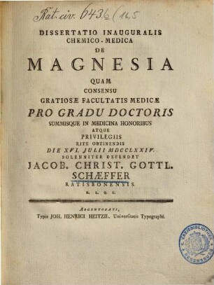 Dissertatio Inauguralis Chemico-Medica De Magnesia