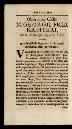 Observatio CXIII. M. Georgii Frid. Richteri, Facult. Philosoph. Lipsiens. Assess. de eo, quod in Mathesi geometrice & quod ...