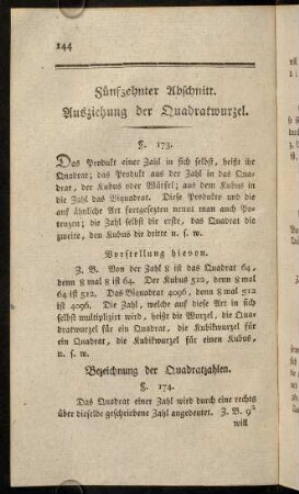 144-151, Fünfzehnter Abschnitt. Ausziehung der Quadratwurzel, § 173 - 184