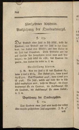 144-151, Fünfzehnter Abschnitt. Ausziehung der Quadratwurzel, § 173 - 184