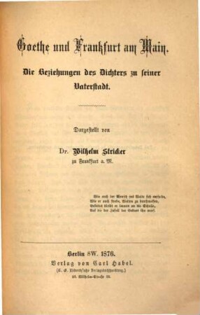 Goethe und Frankfurt am Main : die Beziehungen des Dichters zu seiner Vaterstadt