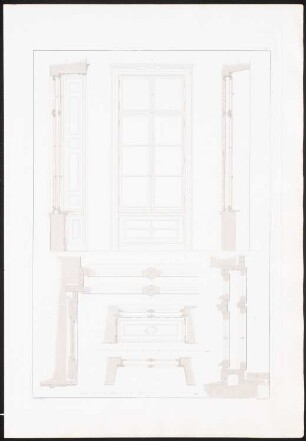 Wohnhaus Bellevuestraße 16, Berlin: Ansichten, Schnitte Details (aus: Architektonisches Album, Bd. 1, H.3, hrsg.v. Stüler, Knoblauch, Salzenberg, Strack, Runge, 1839)