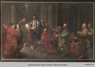 Die Heilige Margareta hält ein Neugeborenes während der Taufe