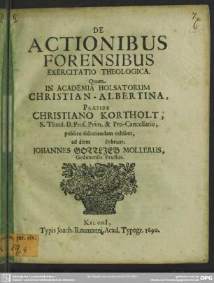 De Actionibus Forensibus Exercitatio Theologica