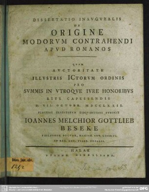 Dissertatio Inauguralis De Origine Modorum Contrahendi Apud Romanos