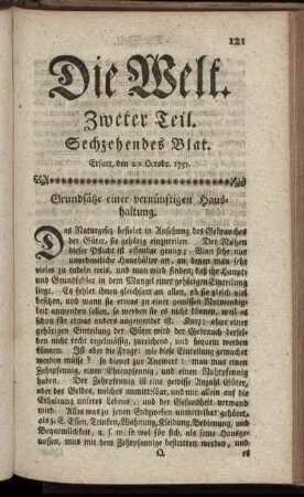 Sechzehendes Blat. Erfurt, den 20. Octobr. 1753.