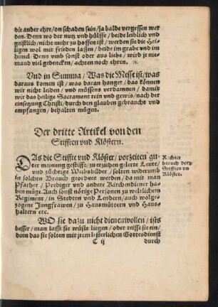 Der dritte Artikel von den Stifften und Klöstern.