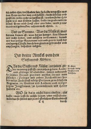 Der dritte Artikel von den Stifften und Klöstern.