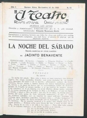 1921003500: La noche del sábado : novela escénica en cinco cuadros