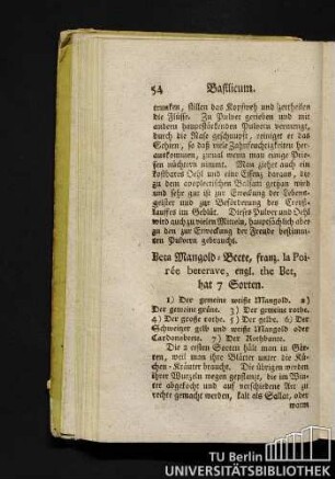 Beta Mangold-Beete, franz. la Poirée beterave, engl. the Bet, hat 7 Sorten.
