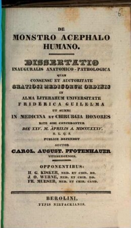 De monstro acephalo humano : Dissertatio inauguralis anatomico-pathologica