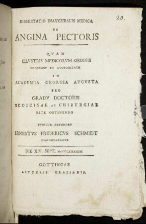 Dissertatio Inauguralis Medica De Angina Pectoris : Die XIV. Sept. MDCCLXXXXIII
