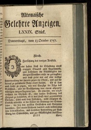 LXXIX. Stück. Donnerstags, vom 13 October 1757