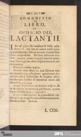 Admonitio De Libro, De Opificio Dei, Lactantii.