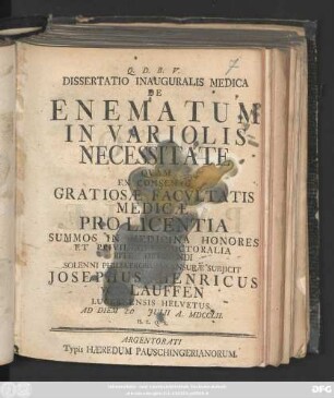 Dissertatio Inauguralis Medica De Enematum In Variolis Necessitate