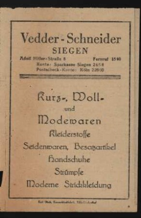 Vedder-Schneider, Siegen (Quittung)