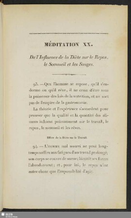 Méditation XX. De l'Influence de la Diète sur le Repos, le Sommeil et les Songes