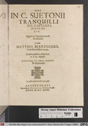 In C. Suetonii Tranquilli XII. Caesares, Diatribe XIV.