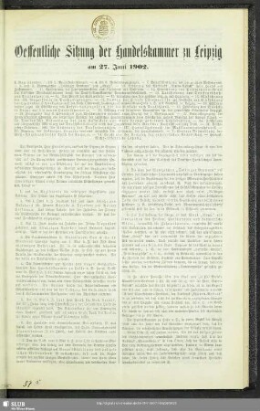 Oeffentliche Sitzung der Handelskammer zu Leipzig am 27. Juni 1902