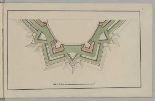Festungsbau, idealtypischer Entwurf nach Pagan, Teilgrundriss : Festungsbau, idealtypischer Entwurf nach Blaise Francois de Pagan, Comte de Merveilles (1604-1665), Teilgrundriss, Prinz Karl Christian Joseph von Sachsen, 1751. Feder, Pinsel in Wasserfarbe/Papier. 30,2 x 47,8 cm. Maßstab ohne Maßeinheit.