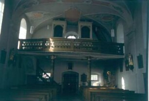 Pottenstein. Kunigundenkirche (1775-1777; Ulrich Förtsch). Blick zur Orgelempore (um 1780; Weißenberger) mit Orgel (2. H. 19. Jh.)