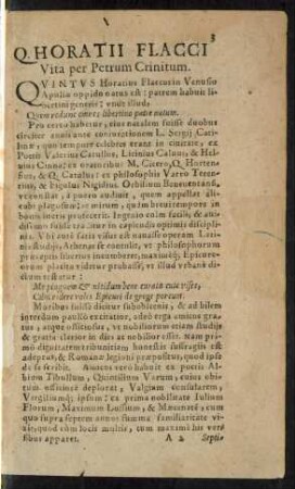 Q. Horatii Flacci Vita per Petrum Crinitum.