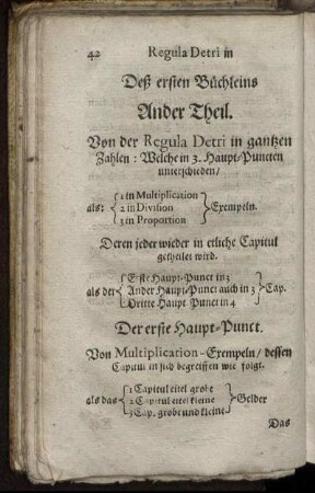 Deß ersten Büchleins Ander Theil. Von der Regula Detri in gantzen Zahlen