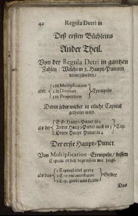 Deß ersten Büchleins Ander Theil. Von der Regula Detri in gantzen Zahlen