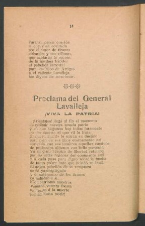 Proclama del General Lavalleja : ¡Viva la patria!