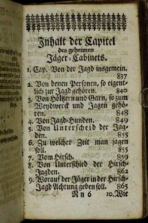 Inhalt der Capitel des geheimen Jäger-Cabinets.